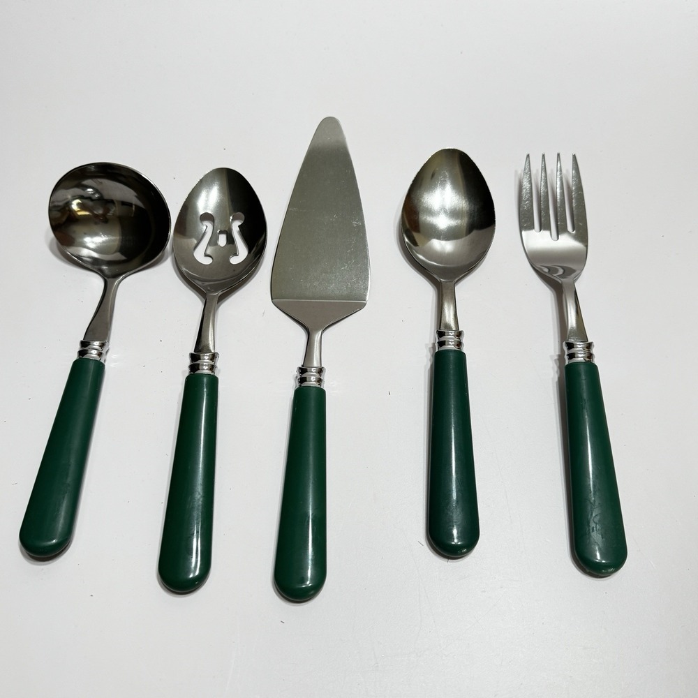 5 GIBSON GREEN HANDLE SERVING PIECES LADLE FORK SPOONS PIE Hostess Set Poinsetti